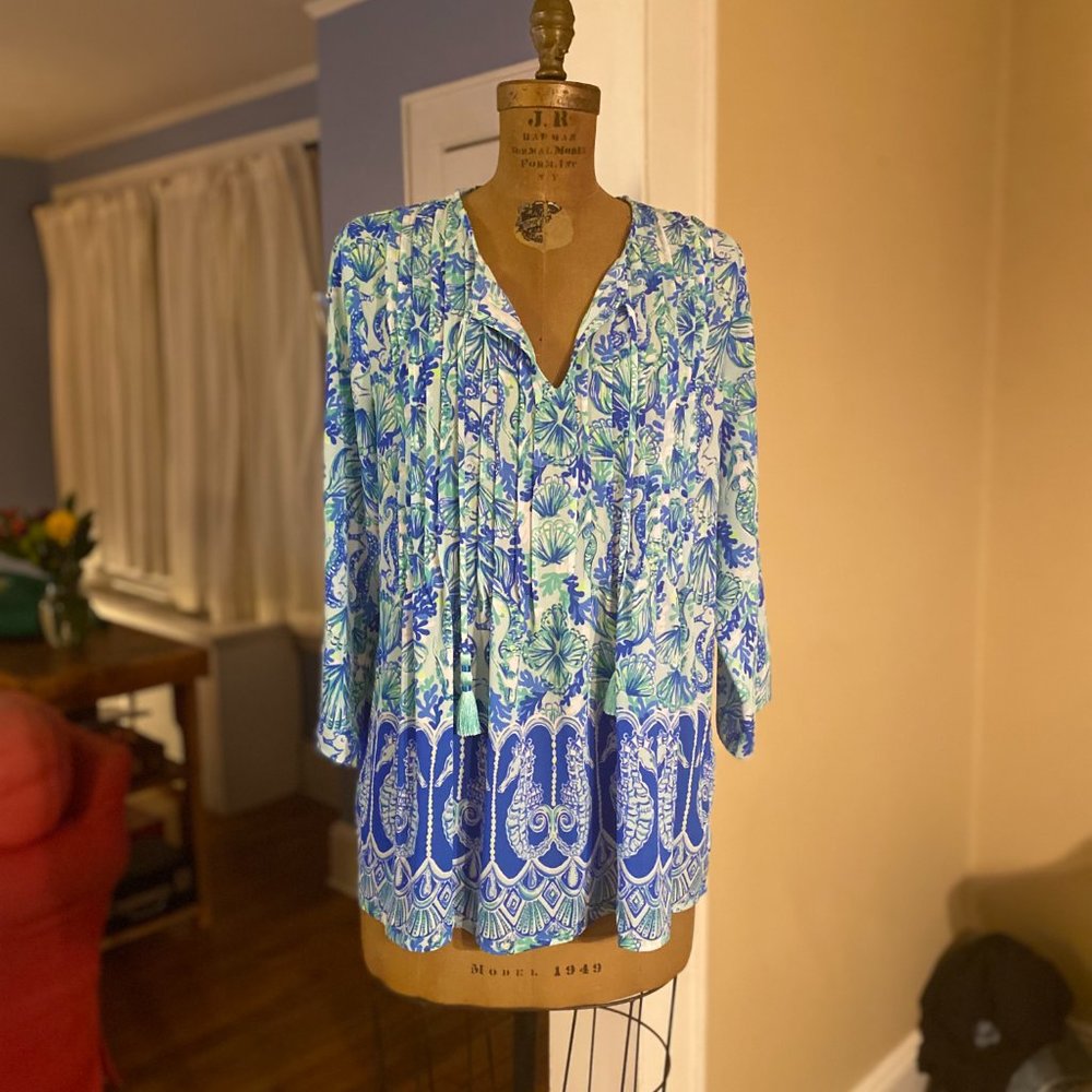 Lilly Pulitzer Marilina XL Tunic Top Sea Glass Aqua Seeing Double Seahorse